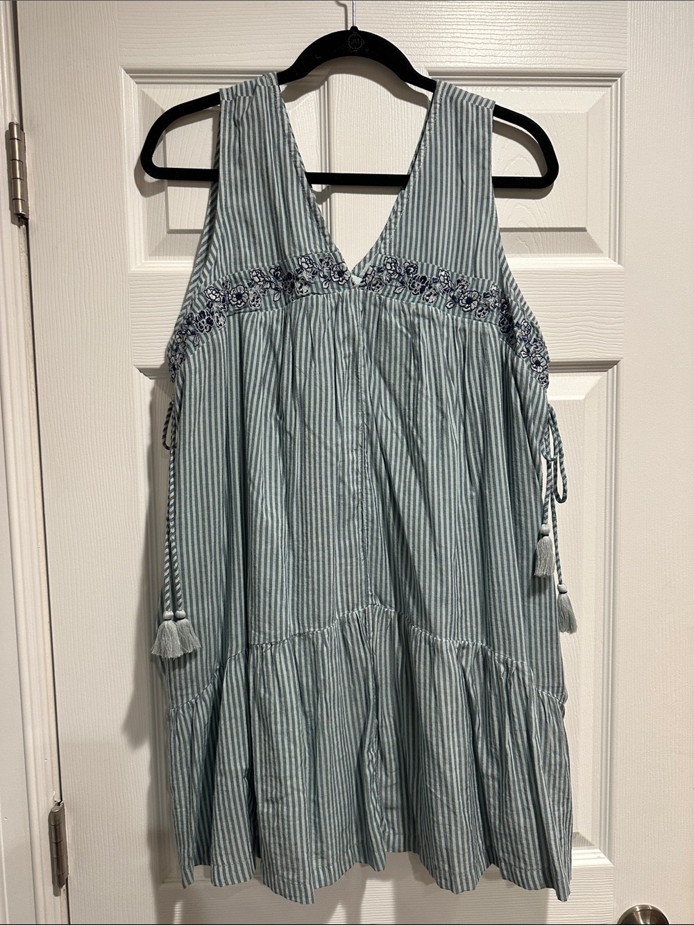 Anthropologie Blue Striped Embroidered Tassel Sundress